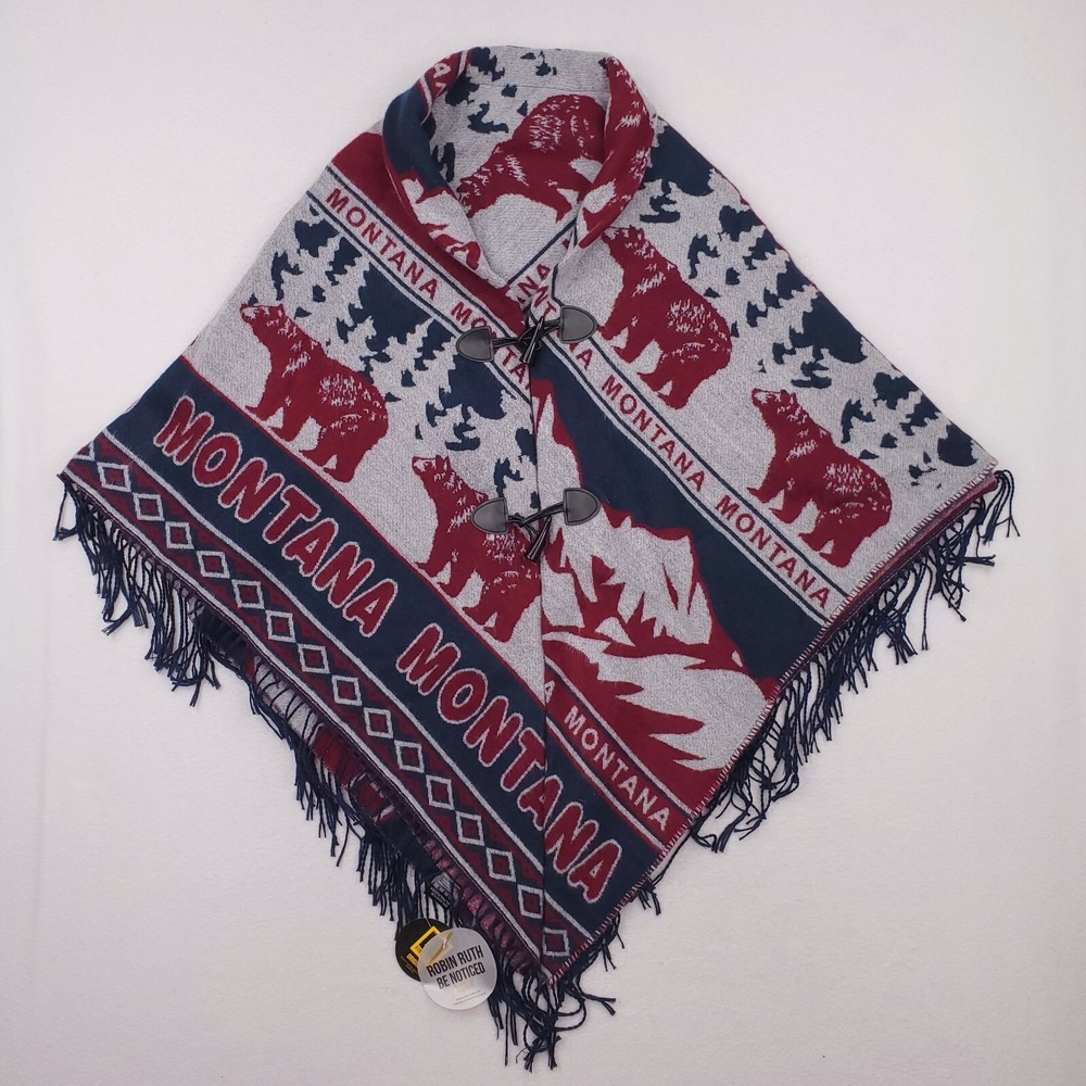 Montana Grizzlies Poncho Womens Blue Red Wrap Sweater Blanket Robin Ruth Toggle